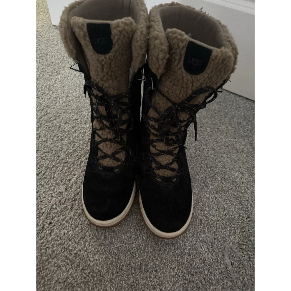 UGG Lakesider Tall Lace Women's Waterproof Suede Winter Boots Black size 9 - Picture 2 of 8